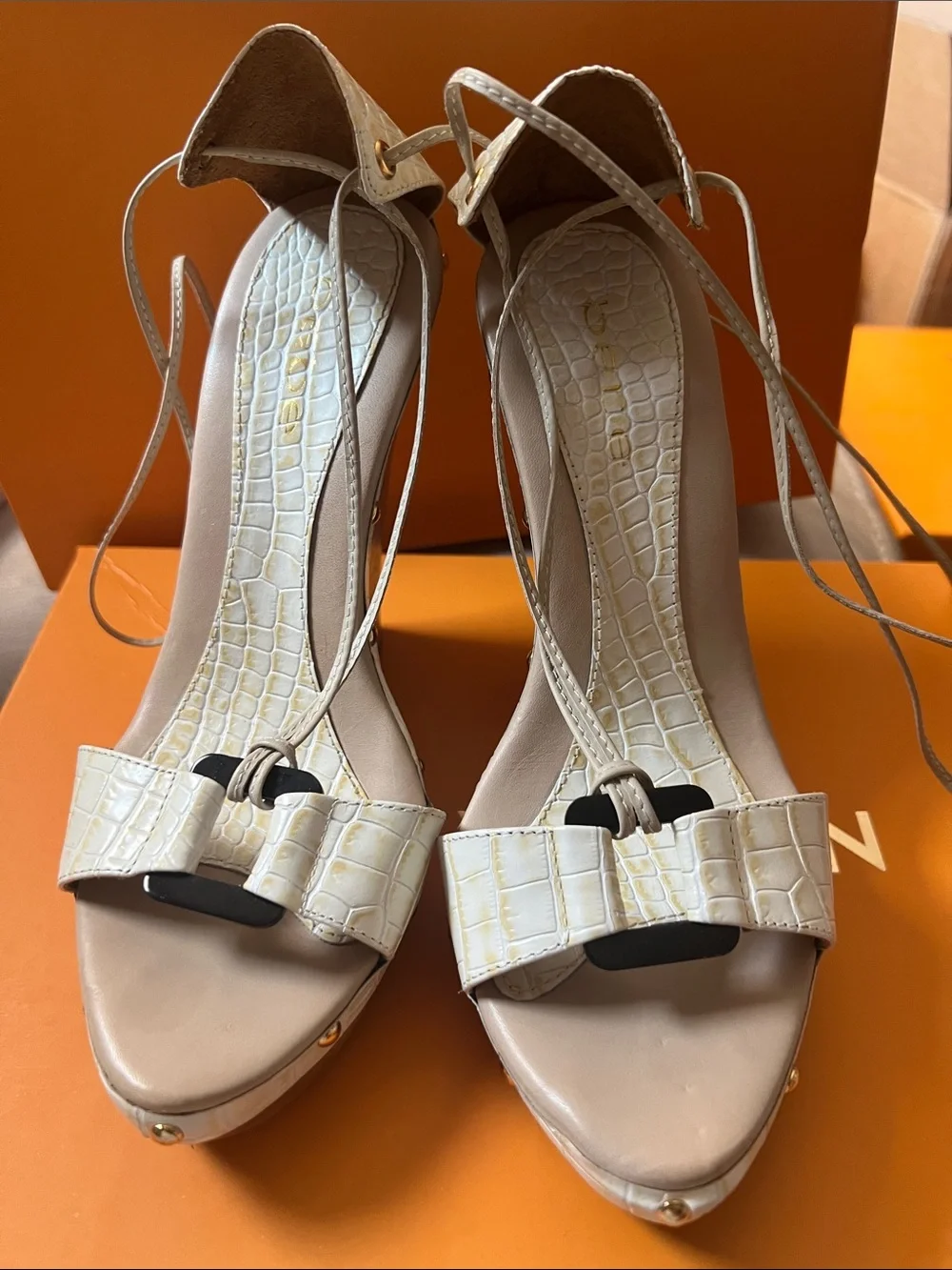 Women’s Beige Croc-Texture Lace-Up wedges